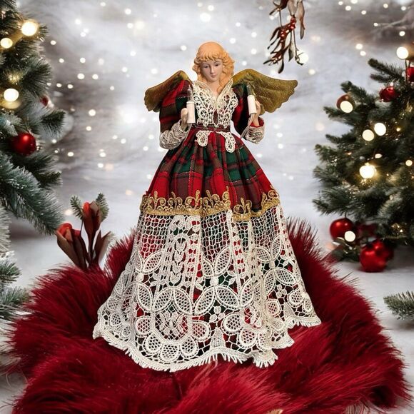 Angel Christmas Tree Table Topper Porcelain Head Hands Red Green Plaid 13.5”H - Picture 1 of 14